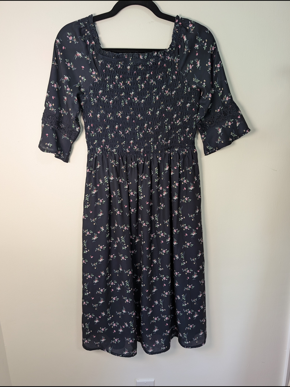 Smocked Navy Floral Midi Dress with Elbow Sleeves